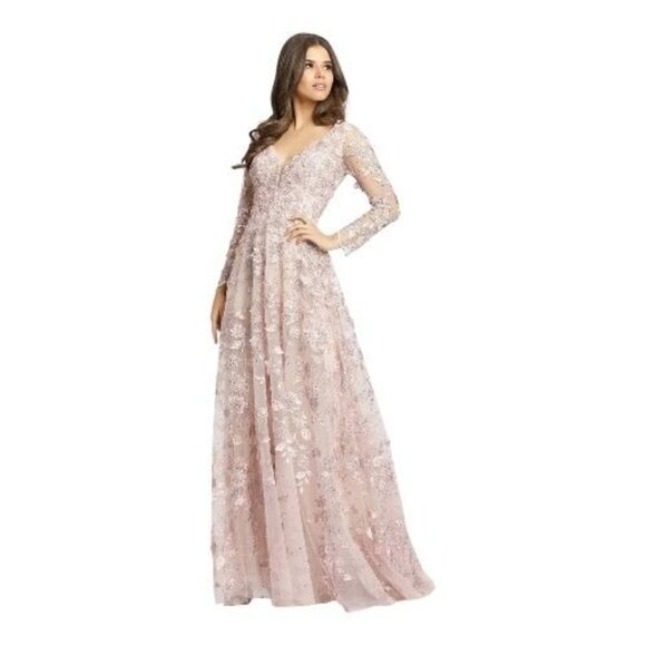 NWT MAC DUGGAL 70224 Pink Floral Applique Long Sleeve Illusion Gown Pink Size 8 - Picture 4 of 15